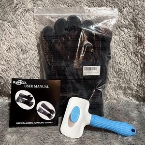 Rapicca Leather Animal Handling Gloves and Self Cleaning Animal Hair Brush